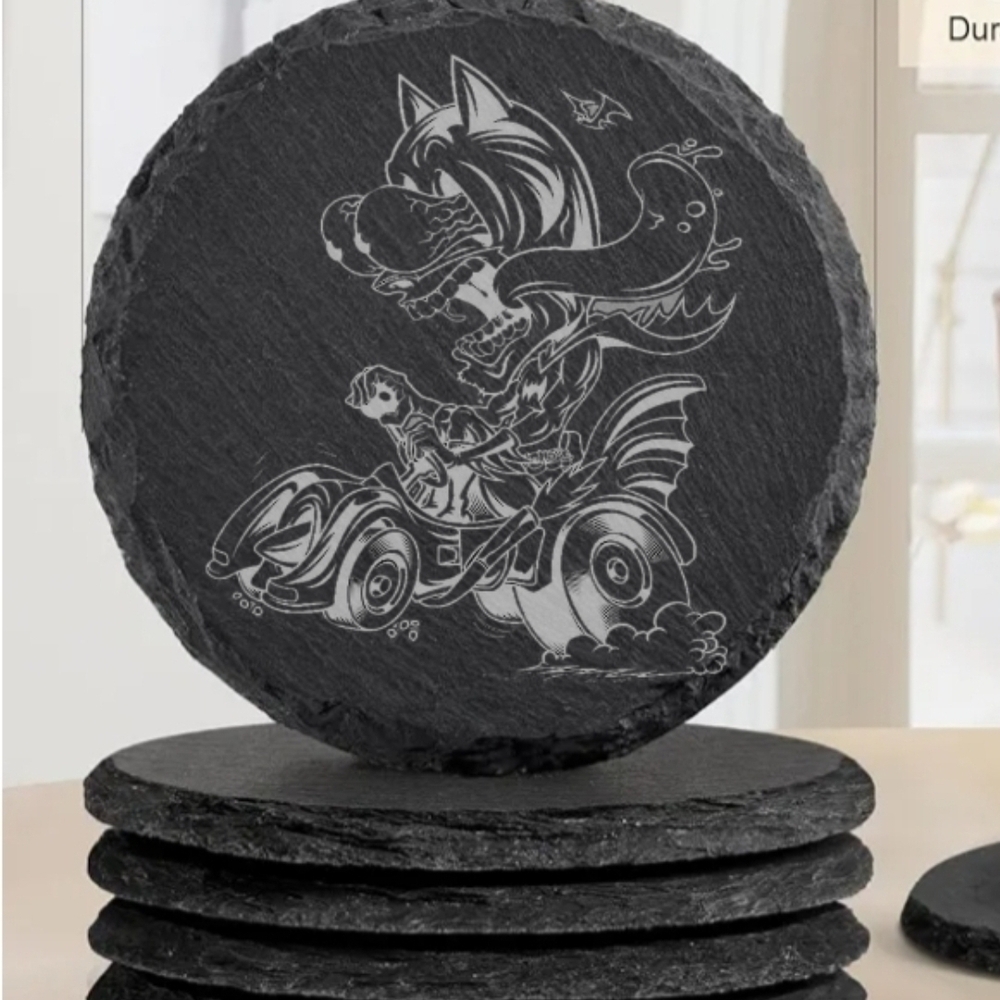 Black Slate Coasters with Wolf Design